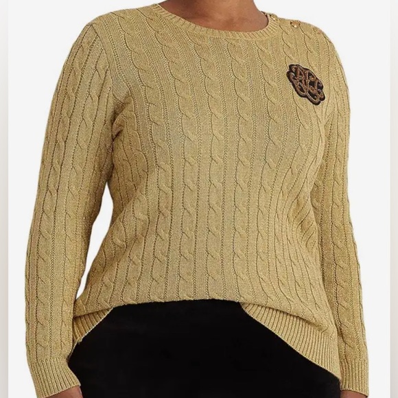 Lauren Ralph Lauren Metallic Gold Cable-Knit 3-Button Sweater, Size PL NWT - Picture 6 of 12